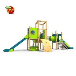 OUTDOOR KIDS PLAYGROUND EQUIPMENT WITH DUAL SLIDES CLIMBING NET AND CRAWL TUNNEL